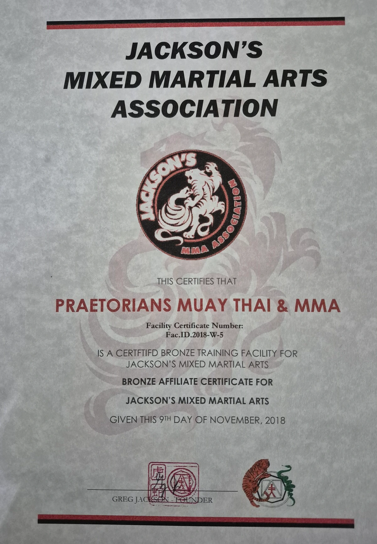 Official certification from Jackson’s MMA (USA) recognizing Praetorians Academy Beirut as an accredited affiliate under the legendary Greg Jackson